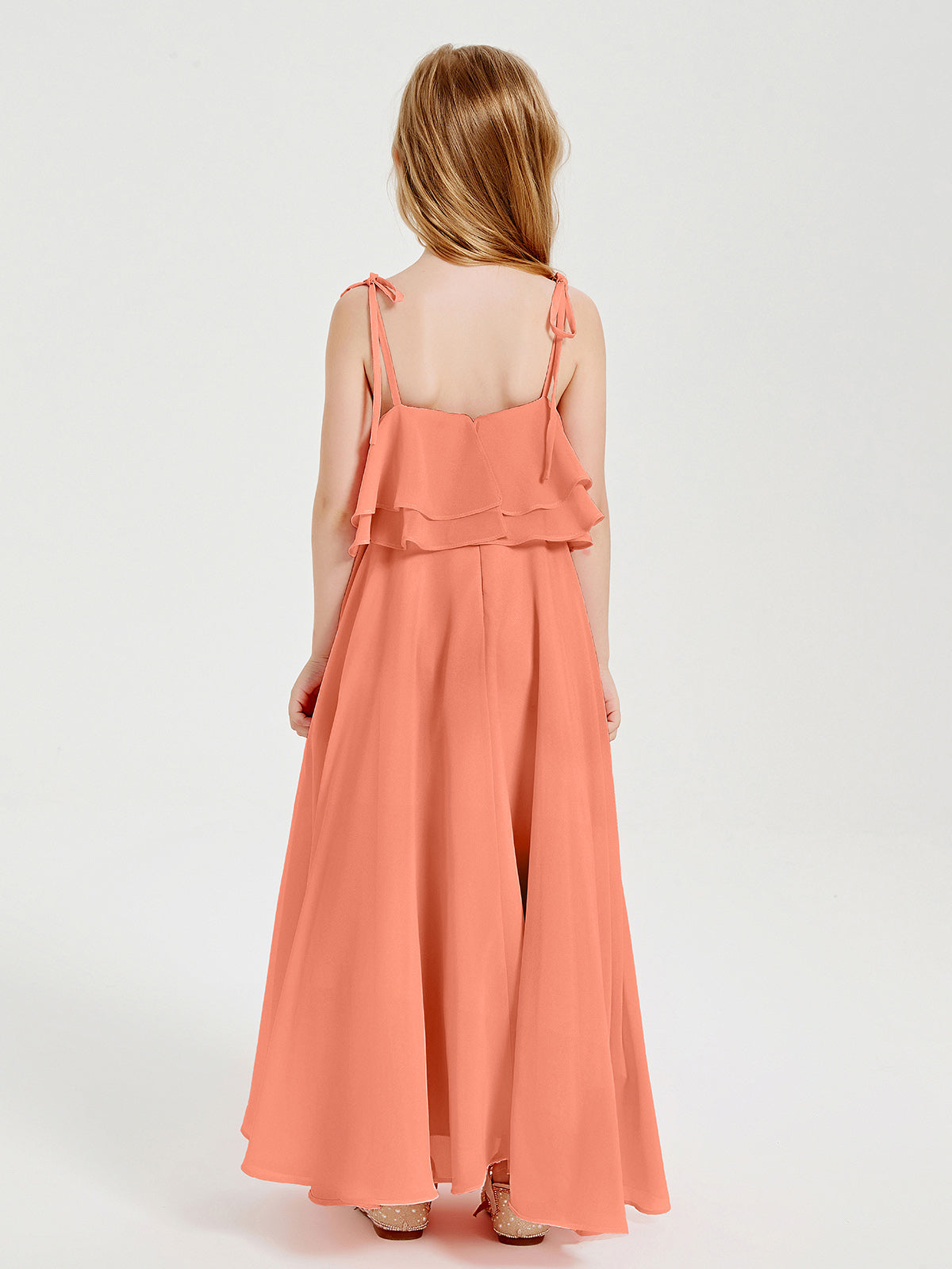 Long Chiffon Junior Bridesmaid Dresses Bowknot Spaghetti Straps Sunset